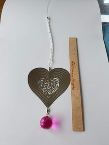 Heart shaped wind spinner with pink glass drop crystal