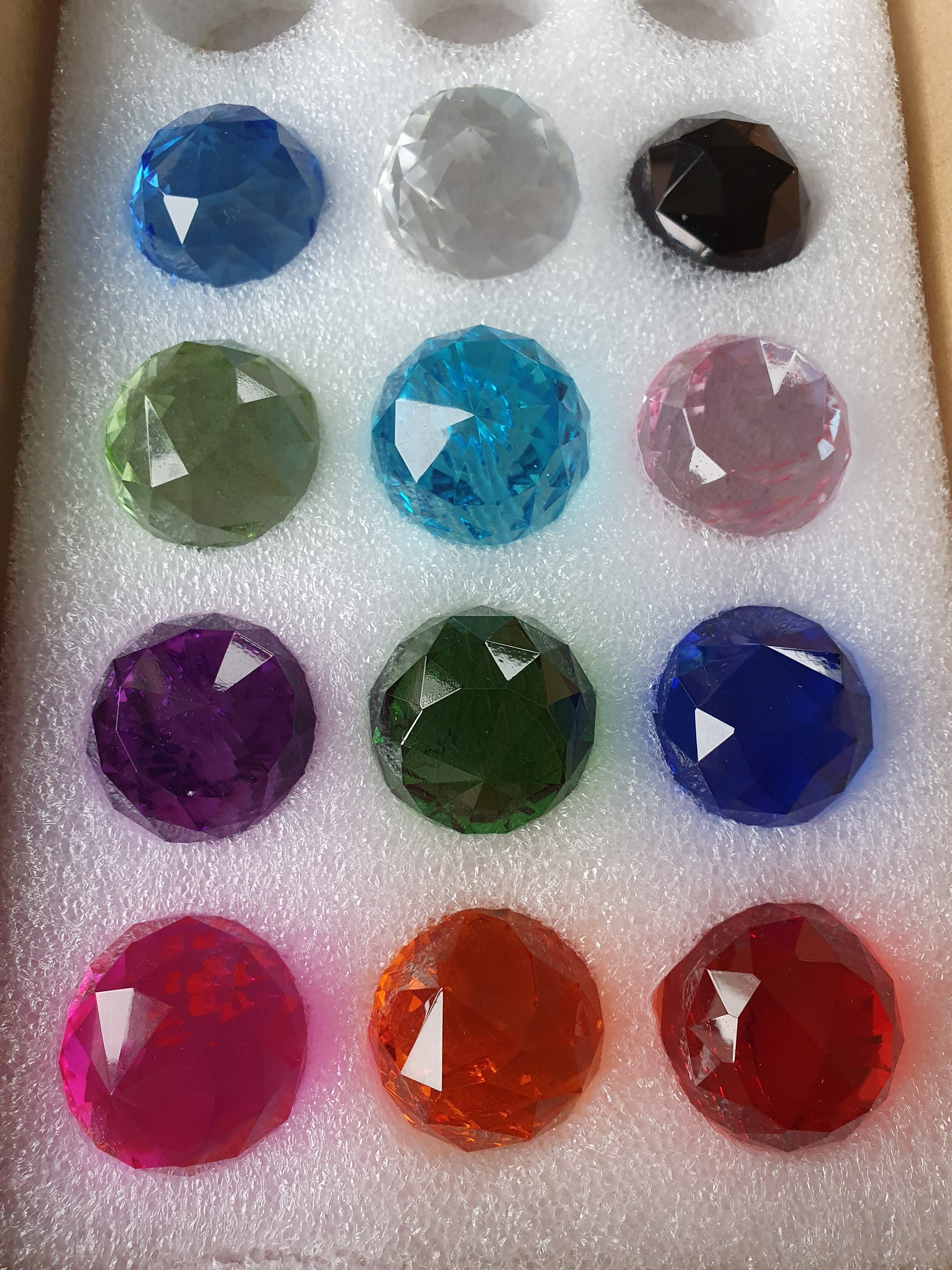 12 glass drop crystals in various colours