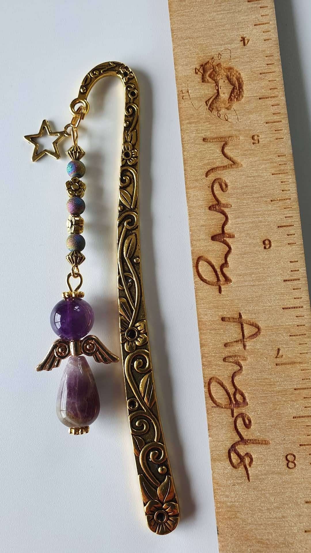 Gold bookmark with beautiful amethyst angel and star charm 