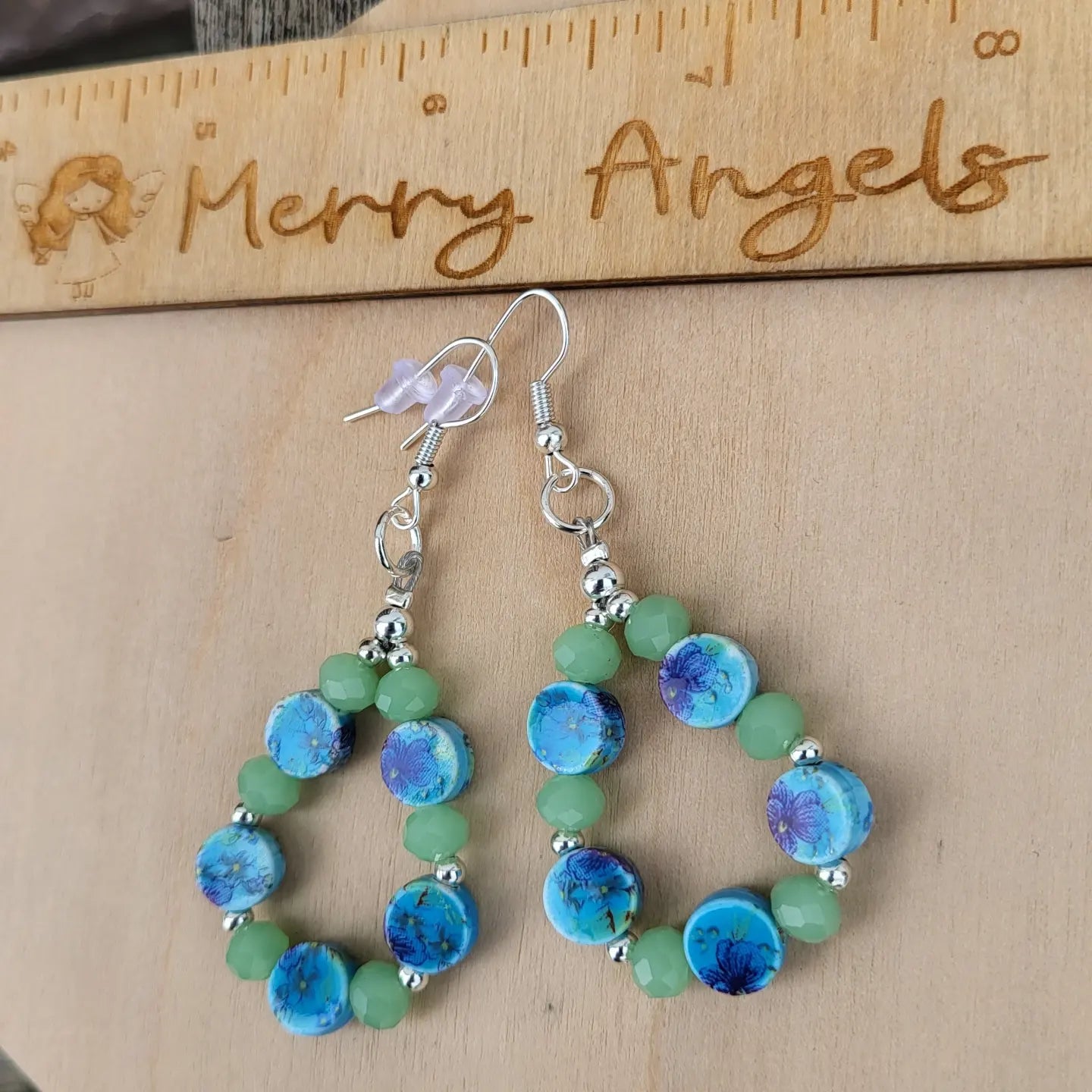 Green and blue oval shaped earrings